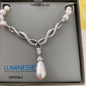 Sterling Silver simulated pearl and crystal necklace